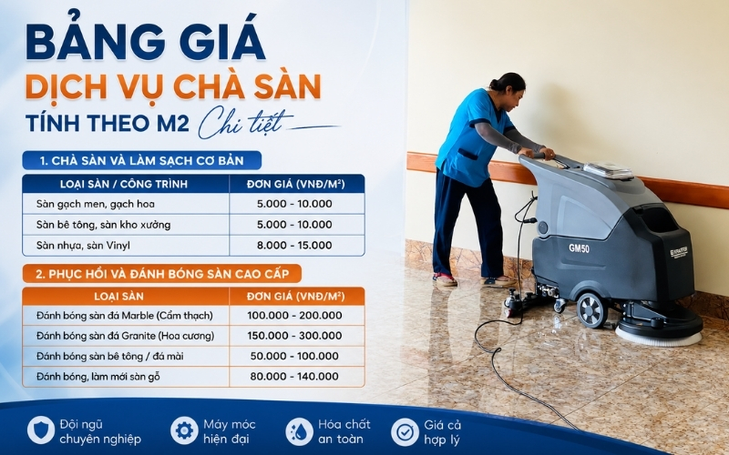 Bảng giá dịch vụ chà sàn tính theo m2 chi tiết  